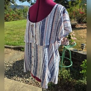 Striped Blouse With Capped Sleeves And Lace Eyelets. 3X.  AACP